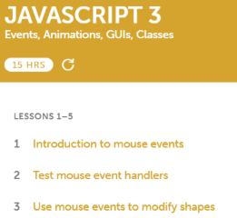 Code Avengers Javascript 3: Events, Animations, Guis, Classes Curriculum